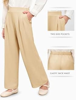 Haloumoning Girls High Waisted Uniform Pants Kids Wide Leg Dress Pants Casual Trousers with Pockets 5-14 Years