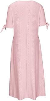 Elegant Summer Dresses for Women 2026 Trendy Tie Short Sleeve Button Down v Neck Eyelet Maxi Long Tshirt Dress