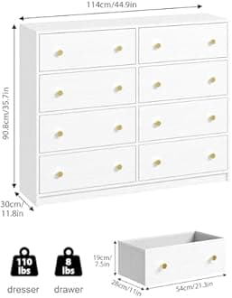 Nicehill White Dresser for Bedroom,8 Drawer Fabric Dresser,Storage Tower & Chest of Drawers Organizer, Storage Cabinet for Hallway, Closets, Living Room,White