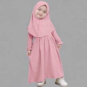 AWIBMK Baby Girls Two-Piece Abaya Dubai Turkey Prayer Maxi Dress + Full Cover Hijab Muslim Long Sleeve Robe Islamic Clothing