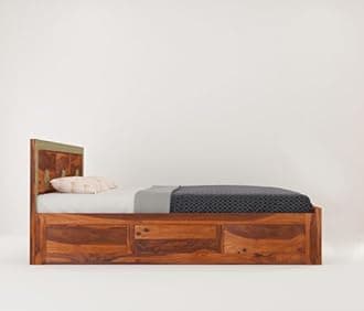 Wooden King Size Bed with Storage | Double Bed Cot Bed with Box Storage | Bed with Traditional Brass Work for Bedroom & Hotel | Sheesham Wood | Honey Finish | Recommended Mattress Size: 78 X 72