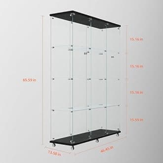 Modern Glass Display Cabinet 12-Shelf with LED Light,Lock and Wheels, 2 Door Curio Cabinets,Tempered Glass Collection Display Showcase for Living Room Home Office,46.8x13.5x65 H,Black