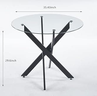 Kitchen Dinner Table Glass Small Round Dining Table, 35.43" Circle Dining Table Dining Room Table with Tempered Glass Top Metal Legs for Small Spaces (Black-Round 35.43"x29.6")