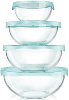 Luvan Borosilicate Clear Glass Mixing Bowls with Lids Set of 4 (0.53qt, 1.1qt, 2.1qt, 3.7qt) , Space Saving Nesting Bowls Large Kitchen Salad Bowls for Meal Preping ,Baking ,Mixing ,Dishwasher Safe