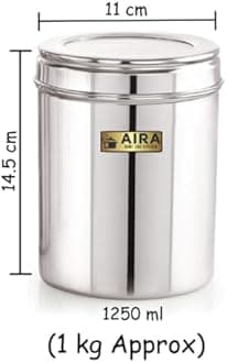 1 Kg Stainless Steel Containers For KITCHEN With See Through Lid | KITCHEN Containers Set | Silver (1250Ml - 6Pcs) Food Grains Capacity - 1Kg Approx