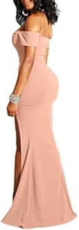 YMDUCH Women's Off Shoulder High Split Long Formal Party Dress Evening Gown Pink