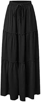 Midi Skirts for Women UK Elasticated Waist - Midi Skirts for Women UK A Line - Knee Length Skirt Tiered Maxi Skirt Cotton Ladies SummerSkirts Long Summer Solid Colorskirt Vacation Outfits