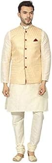 Uri and MacKenzie Men's Silk Blend Regular Kurta Churidar Pyjama with Bundi Nehru Jacket/Waistcoat