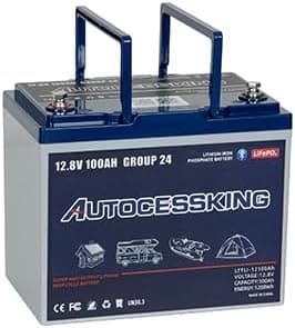 Autocessking 12V 100Ah BCI Group 24 Bluetooth LiFePO4 Battery, 120A BMS Rechargeable Mini Lithium Battery with Low-Temp Protection, Up to 15000 Cycles Perfect for RV, Camping, Solar, Off-Grid and Boat