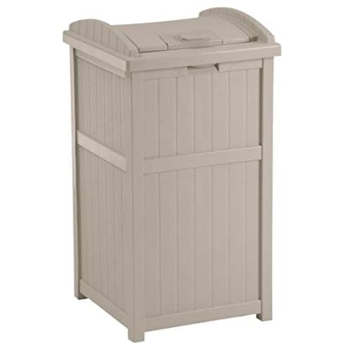 Suncast 33 Gallon Trash Hideaway Easy Assembly Durable Plastic Garbage Container with Wood Look Design, 1 Beige and Brown (2 Pack)