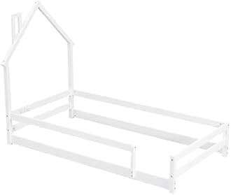 Dolonm Twin Size Montessori Toddler Floor Bed Frame, Modern House-Shaped Frame Headboard Bed with Fences, Pine Wood with Full-Length Guardrails, Bed for Girls Boys(Without Slats), White