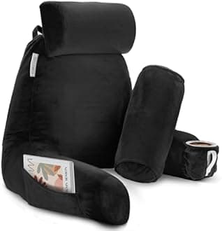 Clara Clark Reading Pillow, Large Back Pillow for Sitting Up in Bed, Memory Foam Back Support Pillow, Reading Pillows for Sitting in Bed Adult, Black Sit Up Cushion with Arms and Pockets