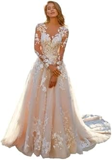 Miao Duo Women's Bridal Gown Plus Size Lace Tulle Long Sleeves Wedding Dress for Women Ivory 24W