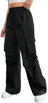 GRECIILOOKS High Waist Cotton Trousers for Women – Flared Parachute Pants with Side Pockets | Casual Travel Cargo Pants