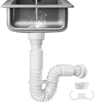 iFealClear 1-1/2" P-Trap Pipe, Flexible Sink Drain Pipe with 4 Rubber Sealing Rings, Expandable Drain Tube 11"-34.5" P Trap Tubing for Kitchen, Bathroom, Garbage Disposal, Extra 1-1/4" Adapter, White