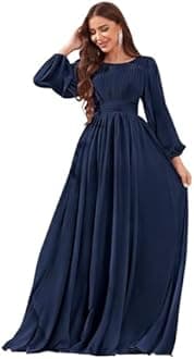 petyoo Long Sleeve Chiffon Bridesmaid Dresses for Women A-line Pleated Wedding Formal Evening Dress