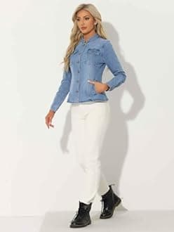 Allegra K Casual Denim Jacket for Women's Classic Stand Collar Long Sleeve Jean Jackets