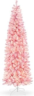 Best Choice Products Flocked Pink Pencil Christmas Tree, Pre-Lit Slim Artificial Holiday Decoration, 9ft Lighted Skinny w/Base, Warm White Lights