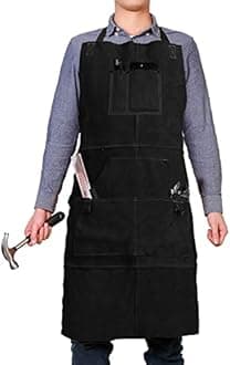 QeeLink Leather Work Shop Apron with 6 Tool Pockets Heat & Flame Resistant Welding Apron, 24" x 36", Adjustable M to XXL, Black, Small-5X-Large