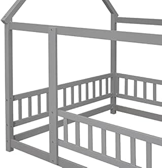 Bellemave Full Size House Floor Bed,Wooden Montessori Bed with Fence and Roof for Kids,Playhouse Full Bed Frame for Girls,Boys(Full,Gray)