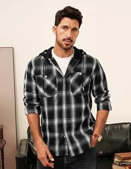 PJ PAUL JONES Men's Flannel Shirt Plaid Hoodie Casual Shirt Long Sleeve Lightweight Shirt Jackets