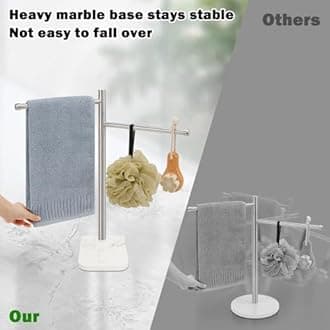 Winmien Standing Hand Towel Holder, Hand Towel Stand with Marble Base, 304 Stainless Steel Towel Rack with 2 Swivel Arm, Countertop Stand Towel Ring Towel Bar for Bathroom (Brushed Nickel