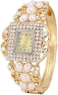 Weicam Women Bracelet Square Dial Quartz Bangle Wrist Watch Lady Diamond Pearl Jewelry Watches Gold Color