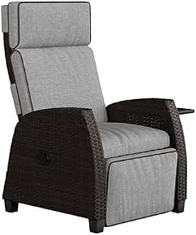 Grand patioRecliner PE Wicker, Adjustable Position Height Armchair with Flip Table and Cushion, Aluminum Frame, Lounge Chair for Indoor, Outdoor (Brown Wicker, Grey Cushion)