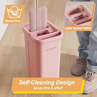 JOYMOOP Mop and Bucket with Wringer Set, Hands Free Flat Floor Mop and Bucket, 60" Mop with 5 Reusable Microfiber Pads, Wet and Dry Use, Floor Cleaning System - Pink