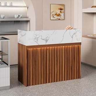UEV Modern Reception Desk with Counter, 47“ Front Desk Reception Room Table with Cable Grommet, Marble Texture Top Front & Led Lights, Retail Counter for Beauty Salon, Checkout, Home Office