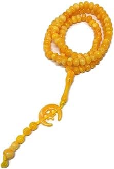 Islam Prayer Tasbih 99 Beads AMN-303 Muslim 8 mm. Rosary Bead Moon Star Decorated Tassels Haj Eid Ramadan Gift (Yellow)