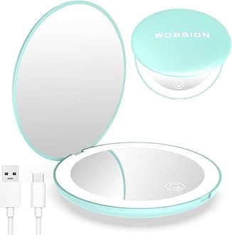 WOBSIONLed Compact Mirror,Rechargeable 1x/10x Magnification Compact Mirror with Light,Dimmable Small Travel Makeup Mirror,Pocket Mirror for Handbag,Purse,Handheld 2-Sided Mirror,Gifts for Girls,Cyan