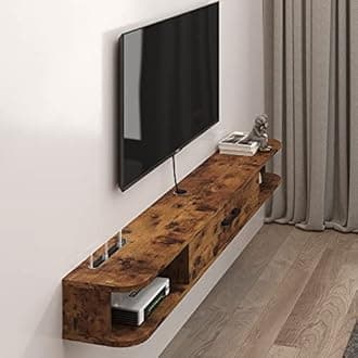 Pmnianhua Floating TV Unit, Wall Mounted TV Cabinet, Floating Shelves with Door, Modern Entertainment Media Console Center Large Storage TV Bench for Living Room & Office (180cm, Rustic Brown)