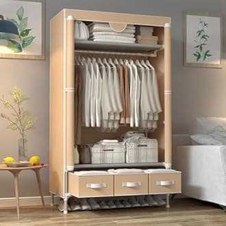 Portable Canvas Wardrobe with Drawers and Shelves, 90x45x170cm Wardrobe for Bedroom Cupboard Clothes Storage Solution, 7029F