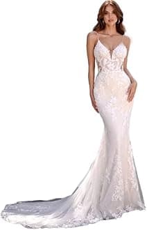 Lace Appliques Wedding Dresses for Bride 2025 Vintage V-Neck Spaghetti Straps Wedding Gown with Train Ivory 26