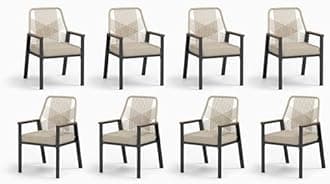 Patio Wicker Chair Sets of 8, Outdoor Dining Chairs with 3.1 inch Seat Cushions, Sturdy Metal Frame & Wood Grain Armrest, Patio Dining Chairs for Porch Backyard, Beige