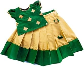Stanwells Kids Lehenga Choli for Girls Cotton Silk Traditional Dress Ethnic Wear for Baby Girls Front Bow Readymade Embroidered Lehenga for Kids Kerala South Indian Pattu Pavadai Lehenga for Kids