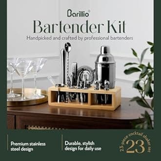 Black 23-Piece Bartender Kit Cocktail Shaker Set by BARILLIO: Stainless Steel Bar Tools With Sleek Bamboo Stand, Velvet Carry Bag & Recipes Booklet | Ultimate Drink Mixing Adventure
