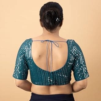 Women's Sequin Embroidered V Neck Elbow Half Sleeve Readymade Saree Blouse Indian Ethnic Designer Stitched Plus Size Top Padded Lavender Pink Blue Silver Black Gold Red Green | E1