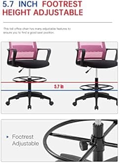 Drafting Chair Tall Office Chair Adjustable Swivel Rolling Mesh Height with Lumbar Support Arms Footrest Mid Back for Adults Standing Desk Drafting Stool (Pink)
