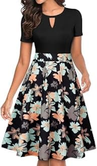 YATHON Women's Vintage Floral Flared Swing Casual Party Dresses with Pockets(YT018-Black Orange F P1,L)