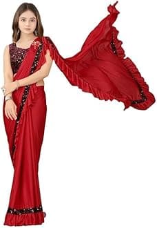 Kids Girls Lycra Blend Ready To Wear Saree With Sequence Blouse Piece (3-4 yrs to 12-13 yrs) (Red, 4-5 Years - S)