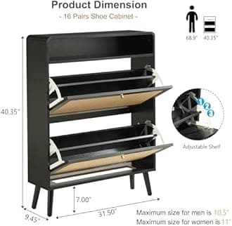 Rattan Shoe Cabinet with 2 Flip Drawers, 32 Pairs Narrow Shoe Storage Cabinet for Entryway Freestanding Hidden Shoe Rack, Modern Slim Wood Shoe Organizer for Hallway, Black