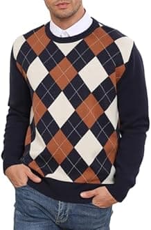 RQP Men's Crewneck Sweater Slim Fit Argyle Pattern Long Sleeve Knit Pullover Sweater for Casual Or Dressy Wear