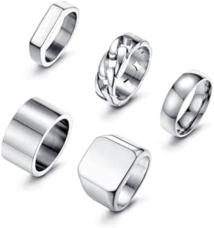 Sanfenly 5 PCS 14K Gold Rings for Men Mens Gold Ring Mens Stainless Steel Rings Square Signet Rings Pinky Thumb Ring Chunky Thick Band Cuban Link Chain Ring Cool Finger Ring Wedding Band Ring for