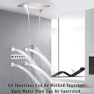 LED Ceiling Rain Shower Head System With Handheld Spray Thermostatic 28X17 Inch Rainfall Shower Set (Brushed Nickel)