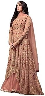 Ready to Wear Indian Pakistani Style Embroidered Koti Salwar Kameez Salwar Suit for Women, Peach-1, Small