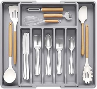 Lifewit Extendable Cutlery Drawer Organiser, Adjustable Cutlery Tray, Plastic Adjustable Kitchen Storage Dividers for Utensil Spoons Forks Knives, 8 Compartments, 33-57 x 42cm, Grey