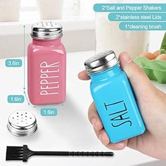 2 Pack Salt and Pepper Shakers Set, Glass Salt Shaker with Stainless Steel Lid, Modern and Cute Farmhouse Salt and Pepper Set (Pink and Blue)
