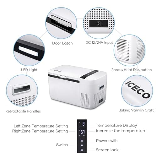 ICECO GO20 12 Volt Refrigerator with Bluetooth Controlled, 21 Quart Dual Zone Portable Refrigerator, Car fridge Powered by SECOP, 0℉~50℉, 12V-24V DC, 110V-240V AC, For Travel, Car Use, With Cover